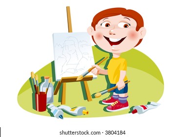 Little artist at work. Vector EPS .