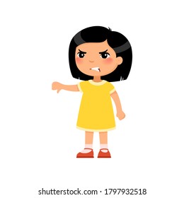 Little asain girl showing thumb down gesture flat vector illustration. Upset child standing alone cartoon character. Person negative emotion, disagreement expression isolated on white background