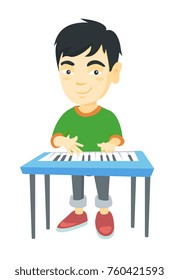 Little Asian Boy Playing The Piano. Full Length Of Smiling Boy  Standing Near The Piano. Vector Sketch Cartoon Illustration Isolated On White Background.