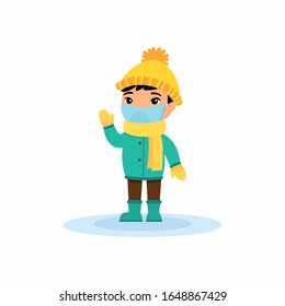 Little asian boy with respiratory mask on his face waves his hand. Coronavirus protection. Cute flat character with winter clothes. Vector illustration on a white background.