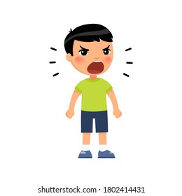 Little Asian boy screams out loud, clenching his hands into fists. Angry male child standing cartoon character. Child shows bad behavior. Disorder of the child's psyche. Flat vector illustration