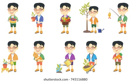 Little asian boy set. Boy holding flower in a pot, pet cat, carrot, fishing rod with fish, pushing wheelbarrow with sprout. Set of vector sketch cartoon illustrations isolated on white background.