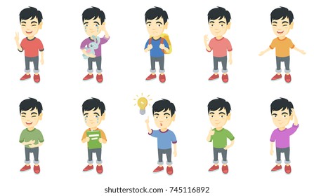 Little asian boy set. Boy showing victory gesture, ok sign, crying, pointing finger at lightbulb, giving thumb up, crying. Set of vector sketch cartoon illustrations isolated on white background.