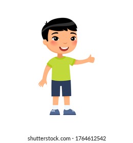 Little Asian Boy Showing Thumbs Up Gesture. Happy Cute Kid. Smiling Toddler, Preteen Child Cartoon Character