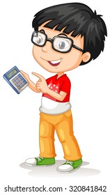 Little asian boy using calculator illustration