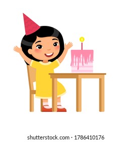 Little asian girl with birthday cake flat vector illustration. Child in party hat celebrating anniversary cartoon character. Anniversary celebration, festive pastry with candle on table 