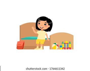Little asian girl in clean bedroom flat vector illustration. Cute kid sitting on bed in tidy room cartoon character. Neat child in organized interior isolated on white. House cleanup and hygiene
