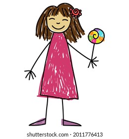 Little Asian girl in pink dress and with pink flower in her brown hair holding big multicolored lollipop Kids Drawing style vector illustration