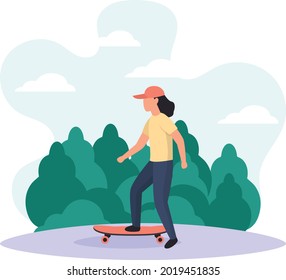 Little asian girl play surf skate board at park Concept, teenage wearing Cap Vector Icon Design, Weekly holidays Activity Symbol, Week Rest Days Sign, Lazy weekends people Stock illustration