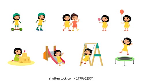 Little asian girl plays in the playground. Concept of summer entertainment. Child plays different summer games.  Sport and recreation. Cartoon character, flat vector illustration set.