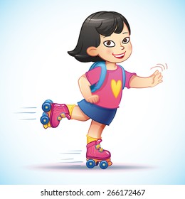 Little asian girl riding on roller skates. Happy child enjoys the speed and freedom. Cute cartoon china girl with inline skates and backpack. 