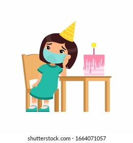 Little asian girl is sad on her birthday. Cute kid with a medical mask on his face sits on a chair. Birthday alone. Virus protection concept. Vector illustration on a white background.