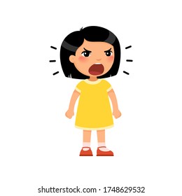 Little Asian girl screams out loud, clenching her hands into fists. Child shows bad behavior, disorder of the child's psyche. Angry female child, cartoon character. 