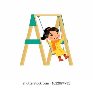 Little asian girl swing on a swing. Autumn holidays. Cute flat characters. Vector illustration on a white background.