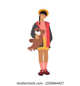 Little Asian Girl with Teddy Bear Toy, Child Playing, Having Fun and Recreation. Kids Activity, Oriental Female Character Isolated on White Background. Cartoon People Vector Illustration
