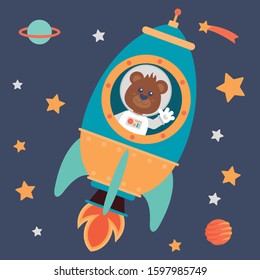 Little astronaut bear on a space rocket. Cartoon style. Vector illustration. Flat design style.