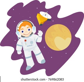 little astronaut boy wearing space suit flying into the space