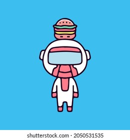 Little astronaut with burger on head illustration. Vector graphics for t-shirt prints and other uses.