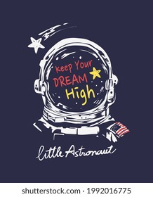 little astronaut calligraphy slogan with cartoon astronaut and shooting star vector illustration