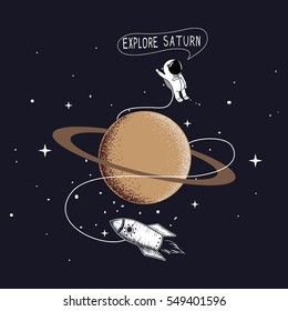 Little astronaut exploring Saturn.Hand drawn vector illustration