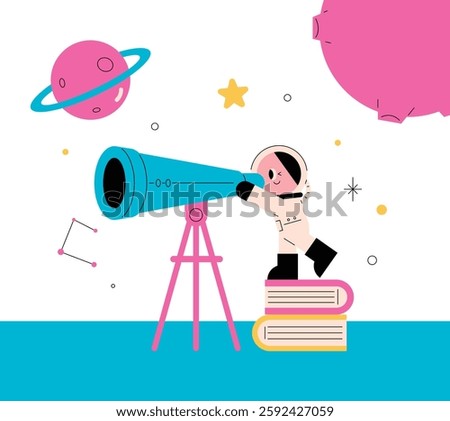 Little Astronaut Exploring Space Kids science space learning Simple style illustration Science education. study
