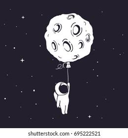 Little astronaut flies and keeps for moon,who like a balloon in outer space.Prints design.Childish vector illustration