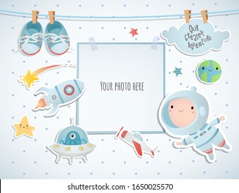 A little astronaut floating around in open space, among stars, planets, funny monsters and comets. Card design. Baby shower.