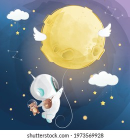 Little Astronaut Flying with a Moon Balloon