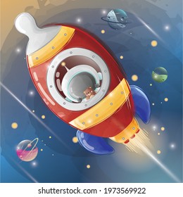 Little Astronaut Flying with a Rocket