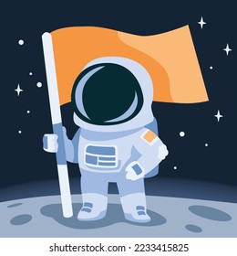 Little Astronaut grab a flag and standing one moon