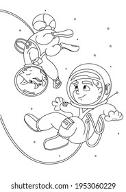 A Little Astronaut With His Dog Spacewalking; Outline Drawing Suitable For Colouring Books; Space Exploration Day