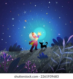 Little Astronaut holding a shiny star at night, fairytale dark background with shiny stars. Children story about outer space and dream. Hand drawn artistic textured vector illustration for kids.