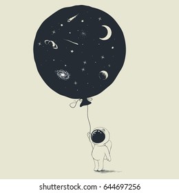 Little astronaut keeps a balloon with universe in him.Abstract vector illustration