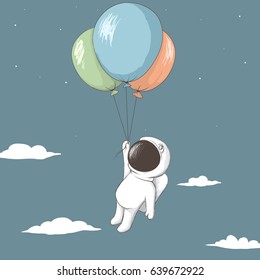 Little astronaut keeps to balloons. Childish vector illustration