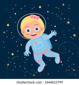 Little astronaut kids illustration and different elements of cosmos. Astronaut girl flies in outer space. Cosmos greeting card.