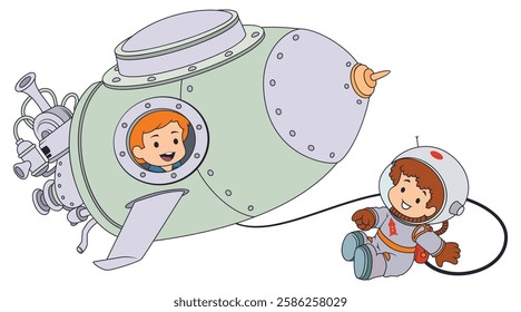 Little astronaut next to rocket. Funny people. Illustration concept template for website, web landing page, banner, presentation, social, poster, promotion or print media.