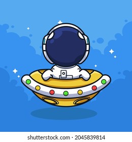 Little Astronaut on the sky with moon and rocket in cute line art illustration style