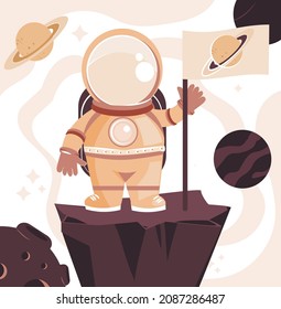 Little astronaut in outer space. Child in spacesuit holds flag in his hands and sets it on asteroid. Universe with planet, star and moon. Design element for postcard. Cartoon flat vector illustration