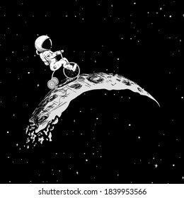 The little astronaut rides a bicycle on the moon. Against the background of the starry sky.