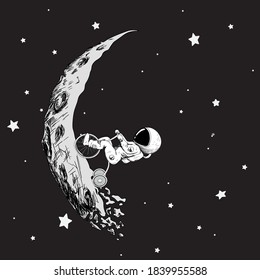 The little astronaut rides a bike on the moon. Against the background of the starry sky.