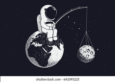 little astronaut sits on the Earth and keeps the moon by a fishing rod.Abstract vector illustration.Childish theme