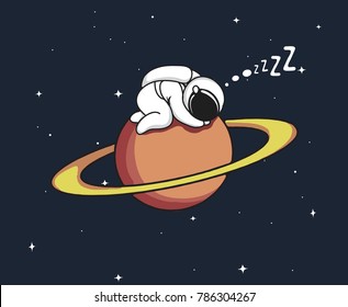 Little astronaut sleeps on Uranus.Childish vector illustration