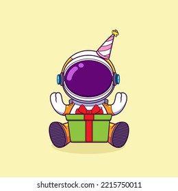 The little astronaut is very happy that he got a surprise gift box and going to open it of illustration
