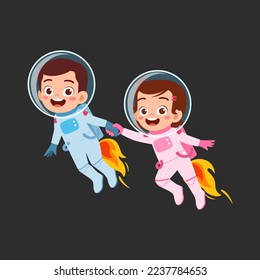 little astronaut wearing jetpack and fly and feel happy