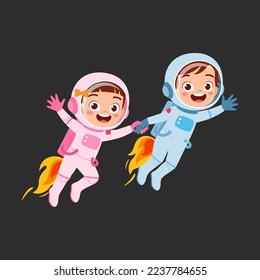 little astronaut wearing jetpack and fly and feel happy