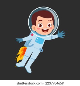 little astronaut wearing jetpack and fly and feel happy