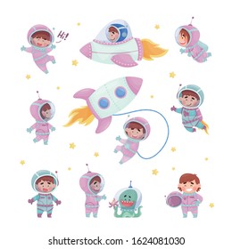 Little Astronaut Wearing Spacesuit Exploring the Moon Vector Illustrations Set