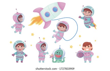 Little Astronaut Wearing Spacesuit Exploring the Moon Vector Illustration