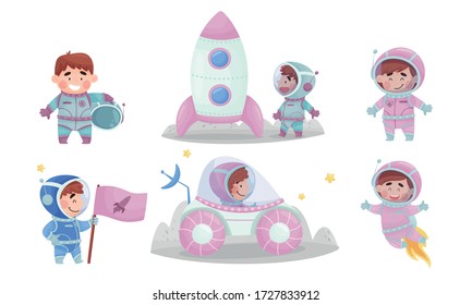 Little Astronaut Wearing Spacesuit Exploring the Moon Vector Illustration