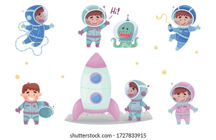 Little Astronaut Wearing Spacesuit Exploring the Moon Vector Illustration